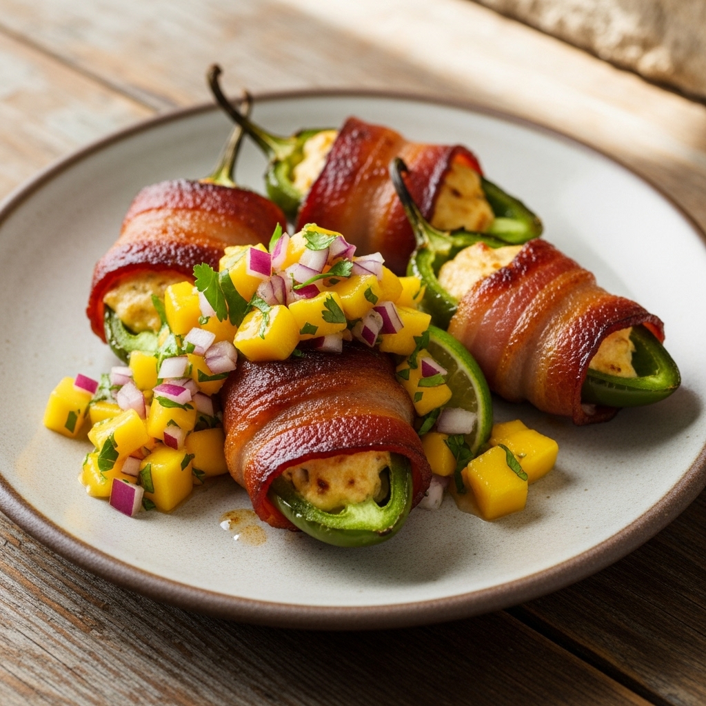 Smoky BBQ Bacon Wrapped Jalapeño Poppers with Mango Salsa
